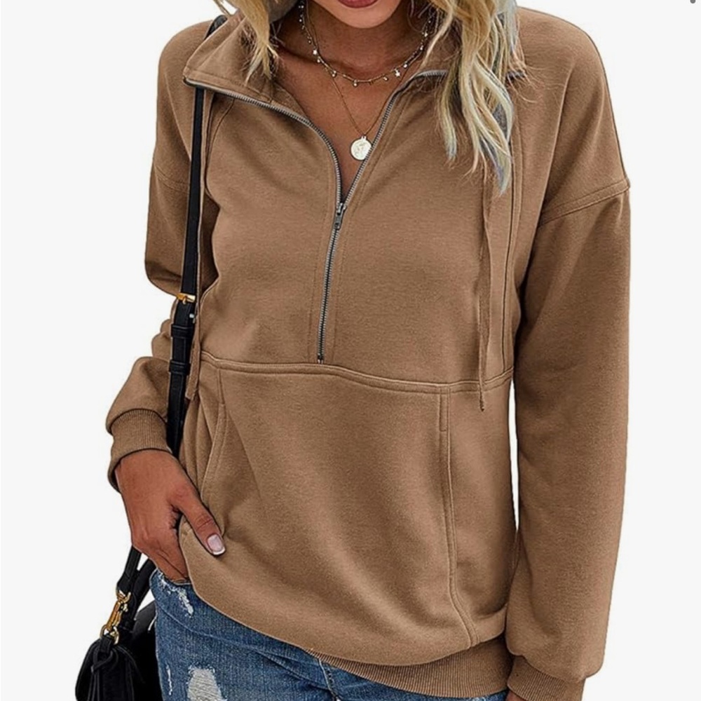 Tan Pullover Hoodie with Half-Zip and Ribbed Cuffs